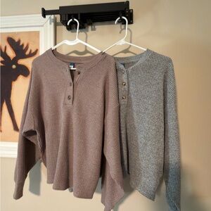 Old Navy Women's Long Sleeve Henley Tops - Taupe and Heather Gray